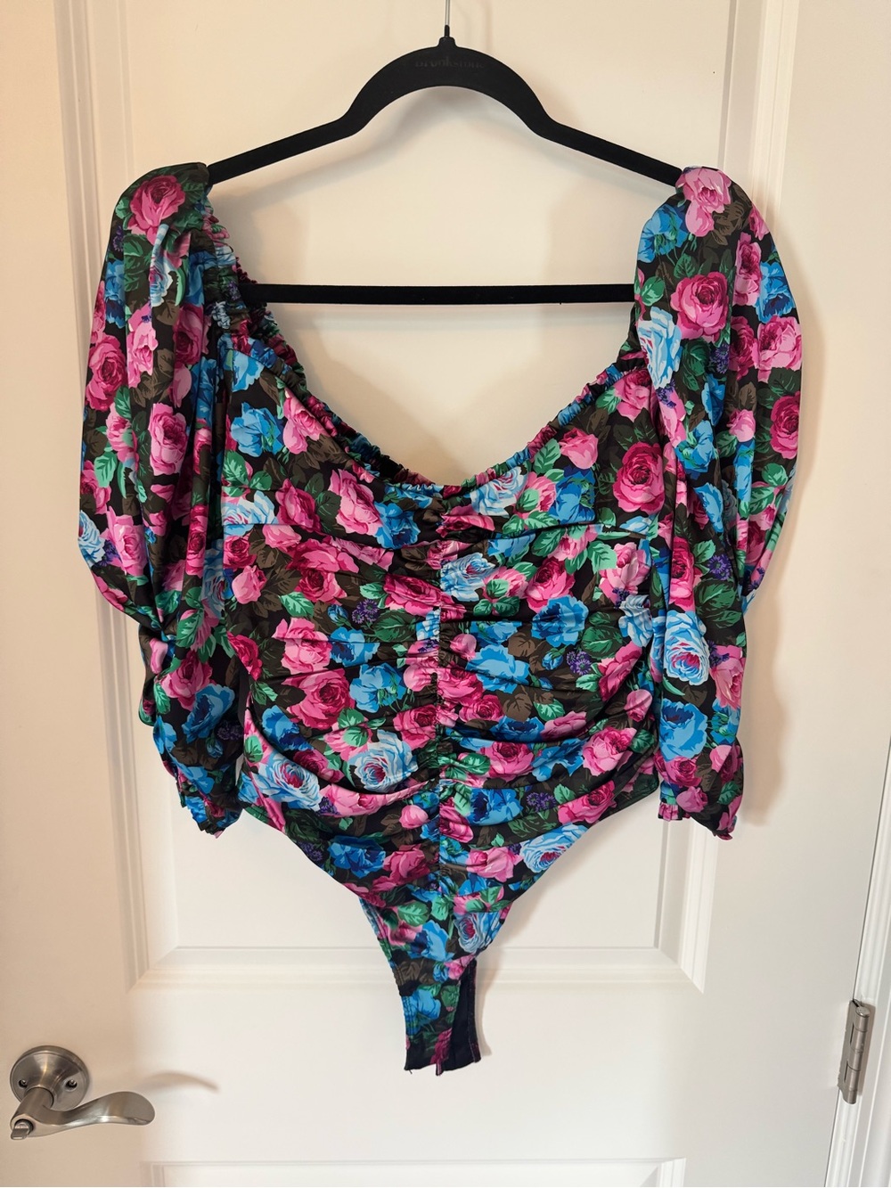 For Love & Lemons Money Floral Puff-Sleeve Bodysuit - Pink & Blue Roses